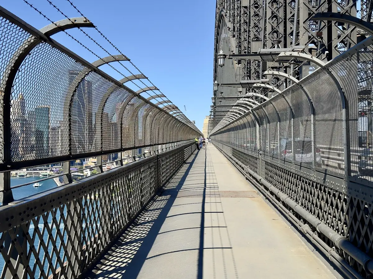 The fenced pedestrian walkway on the Harbour Bridge